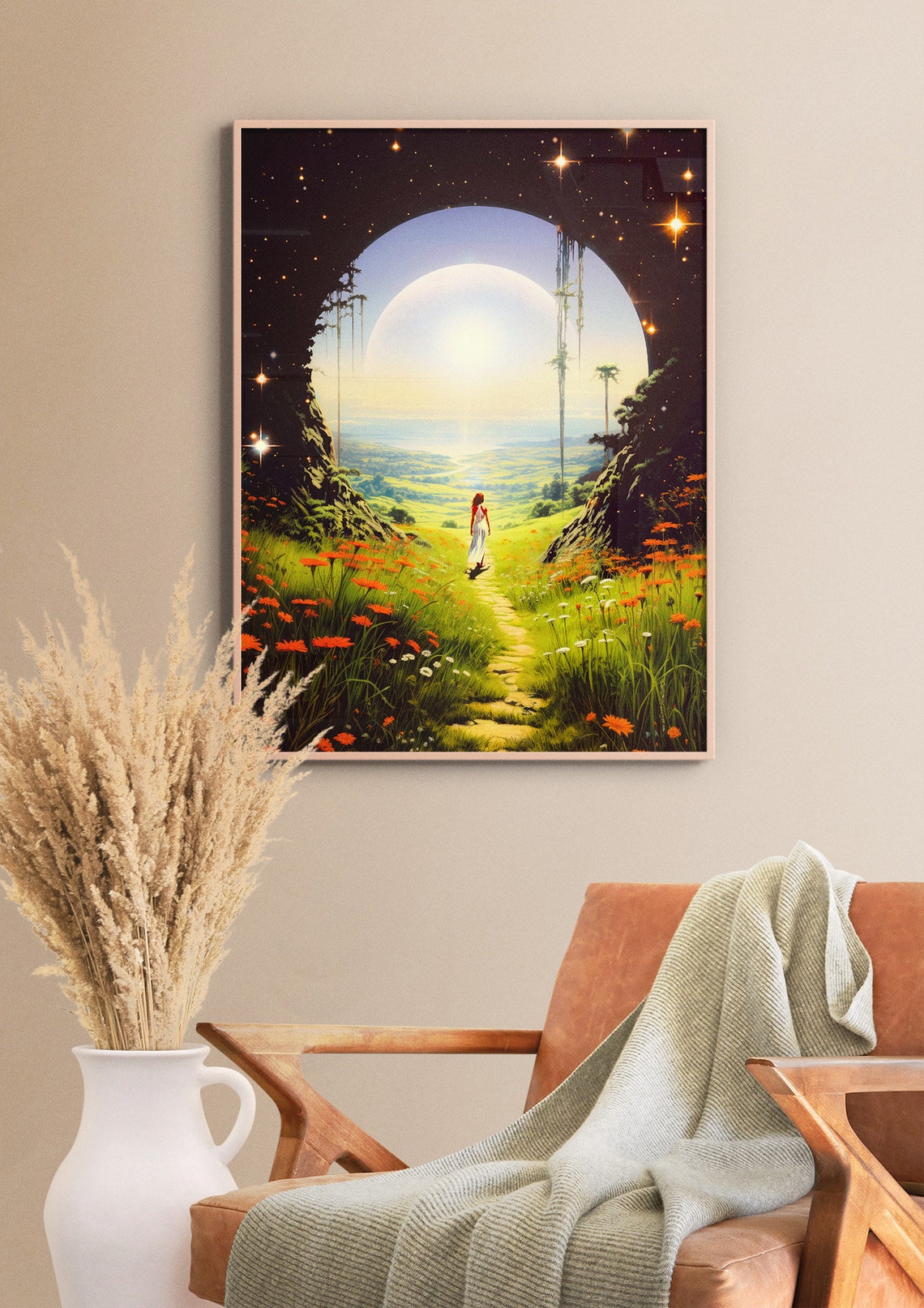 Woman Walking Flower Meadow Toward Giant Glowing Planet Portal Poster - Image 3