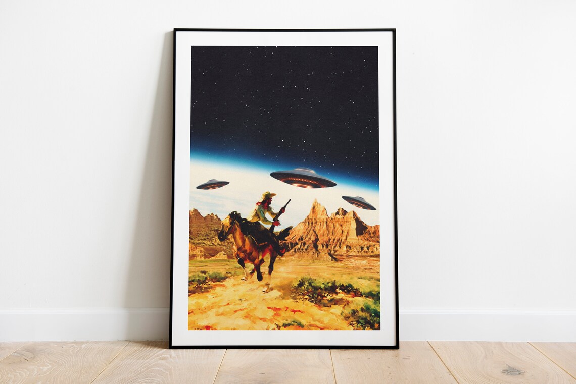 UFO Space Chase Retro Futuristic Exhibition Poster