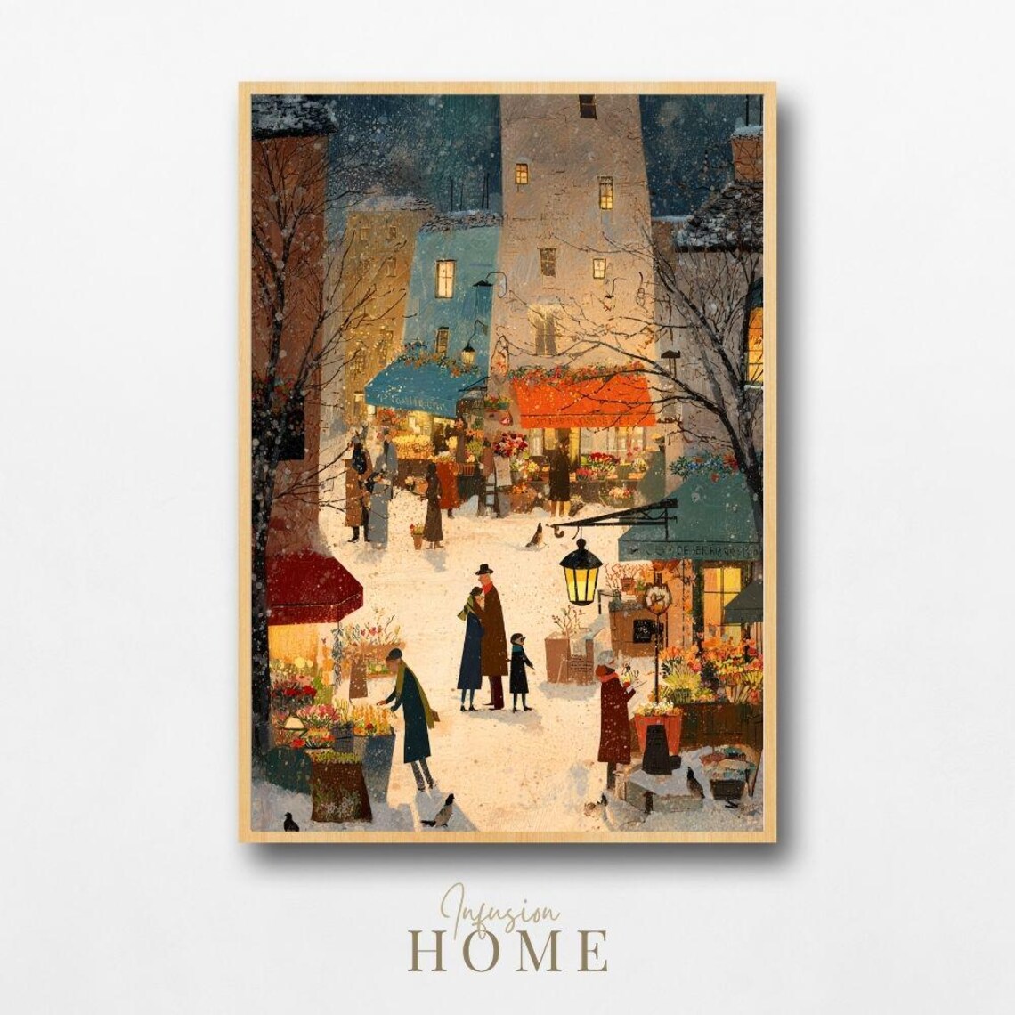 Snowy Village Market Winter Night Flower Stalls Cozy Street Poster