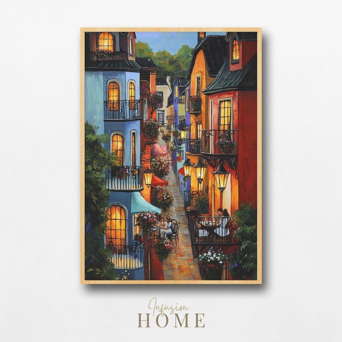 Romantic European Alley Lantern Lit Street Evening Painting Poster