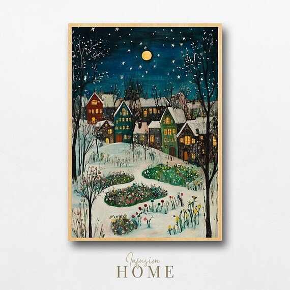 Whimsical Moonlit Winter Village Snowy Night Cottage Art Poster