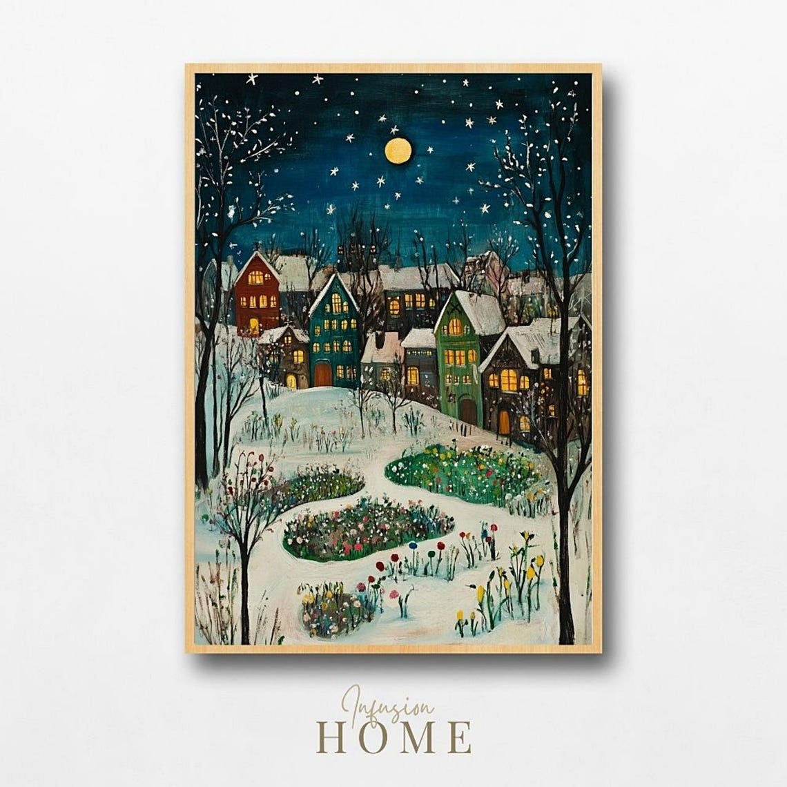 Whimsical Moonlit Winter Village Snowy Night Cottage Art Poster