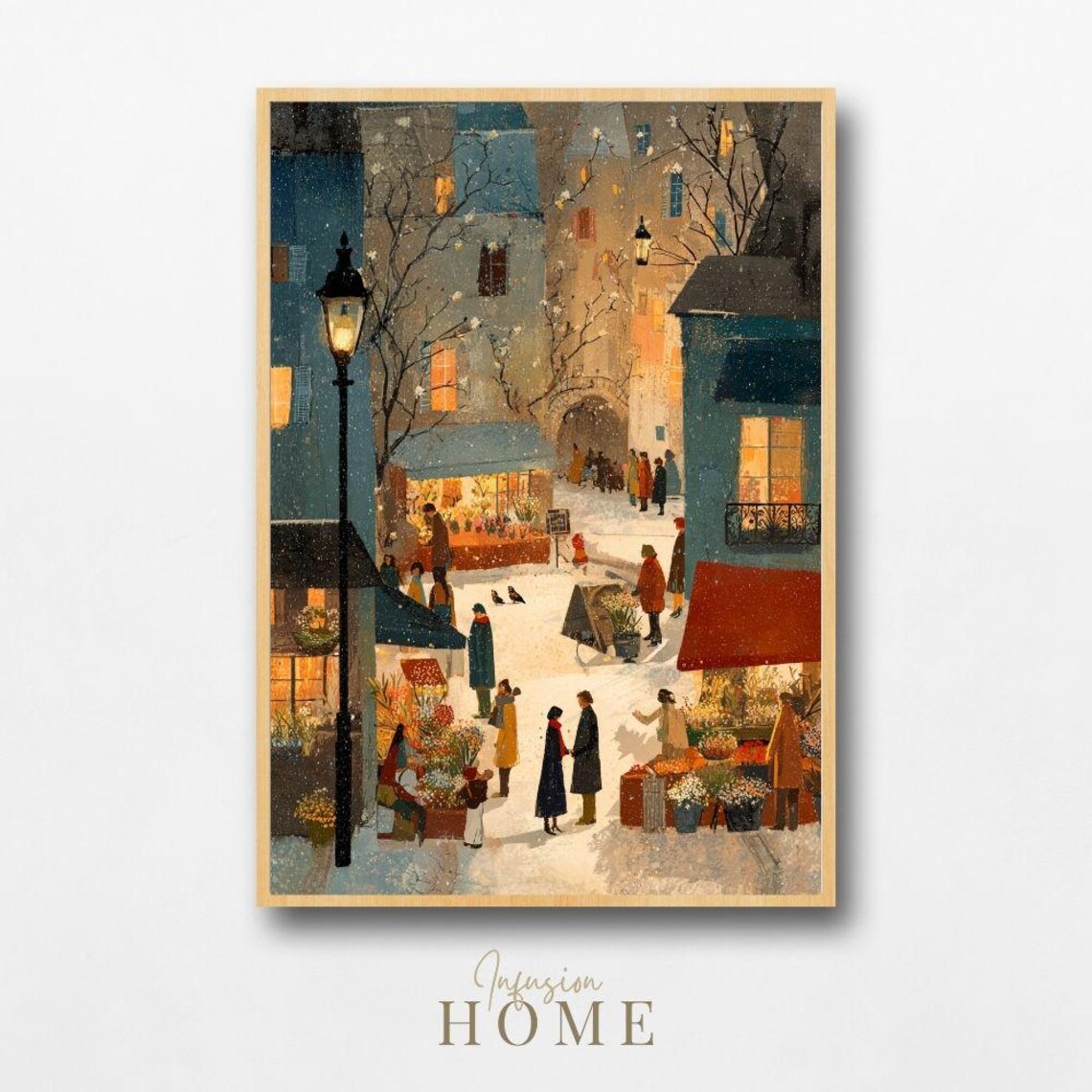 Winter Village Market Snowy Street Holiday Season Scene Art Poster