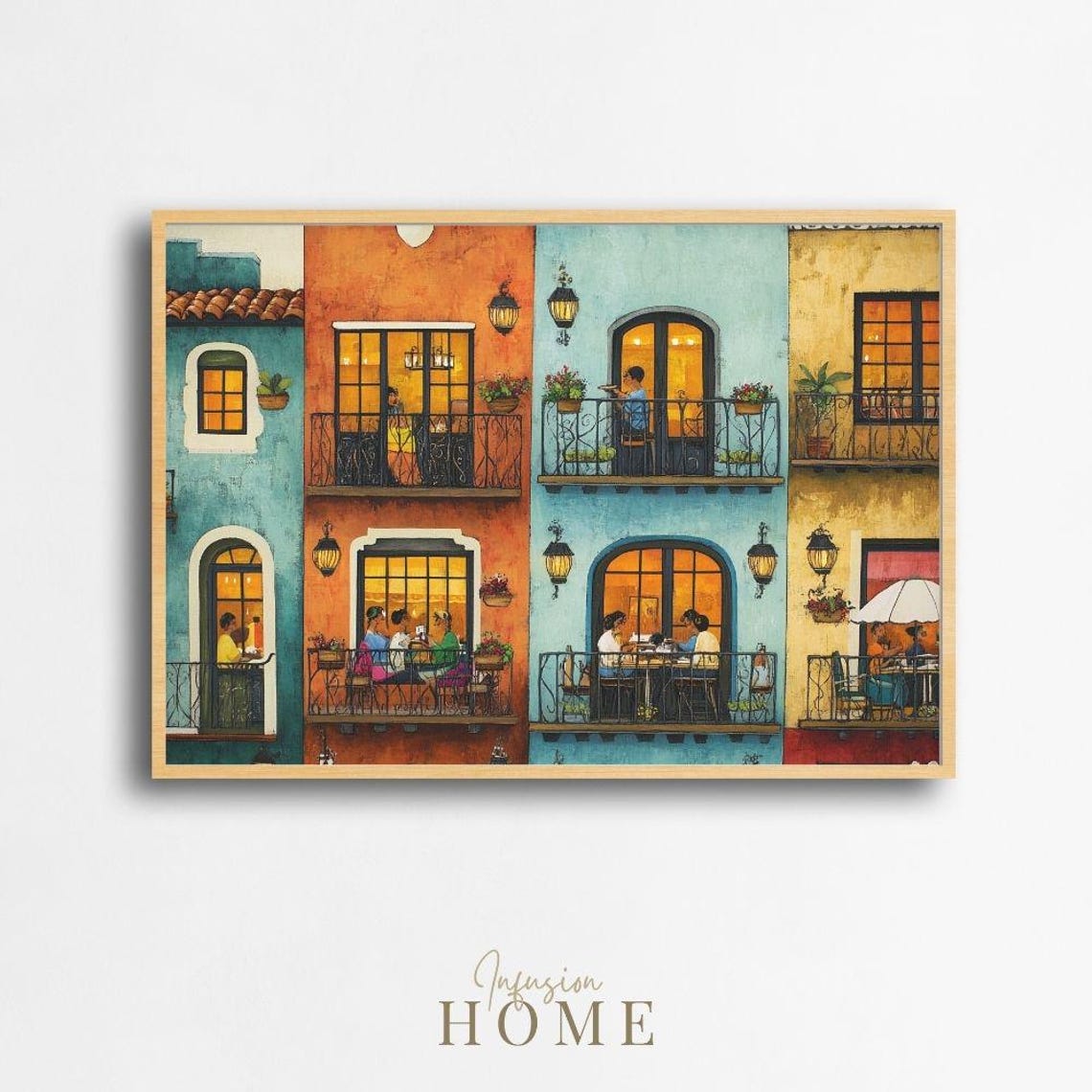 Colorful Italian Balcony Scene Warm Evening Cafe Lanterns Poster