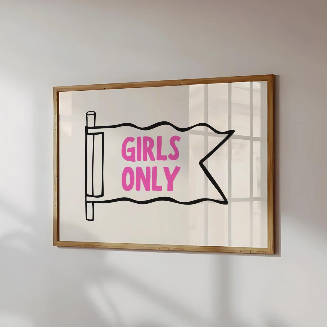 Girls Only Pink Pennant Flag Line Art Retro College Dorm Poster Art