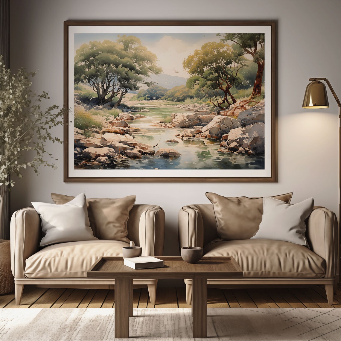 Serene Countryside Rocky River Stream Sunlit Trees Quiet Meadow Poster - Image 2