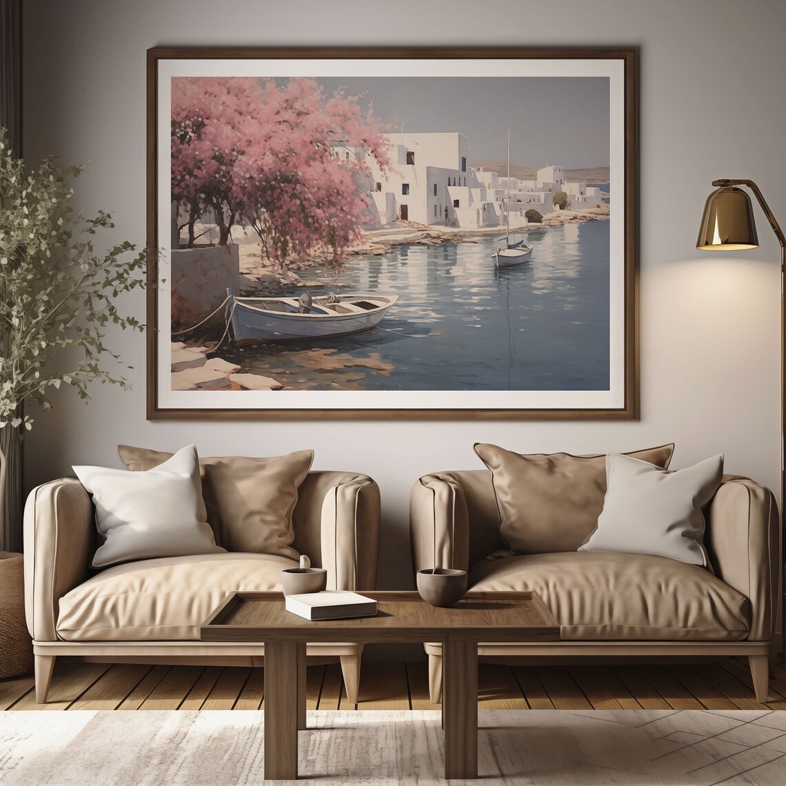 Greek Island Harbor White Buildings Bougainvillea Boats Oil Painting Poster - Image 2