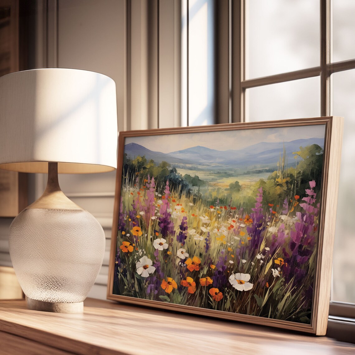 Purple Lupine Orange Poppy Wildflower Meadow Mountains Oil Painting Poster - Image 3
