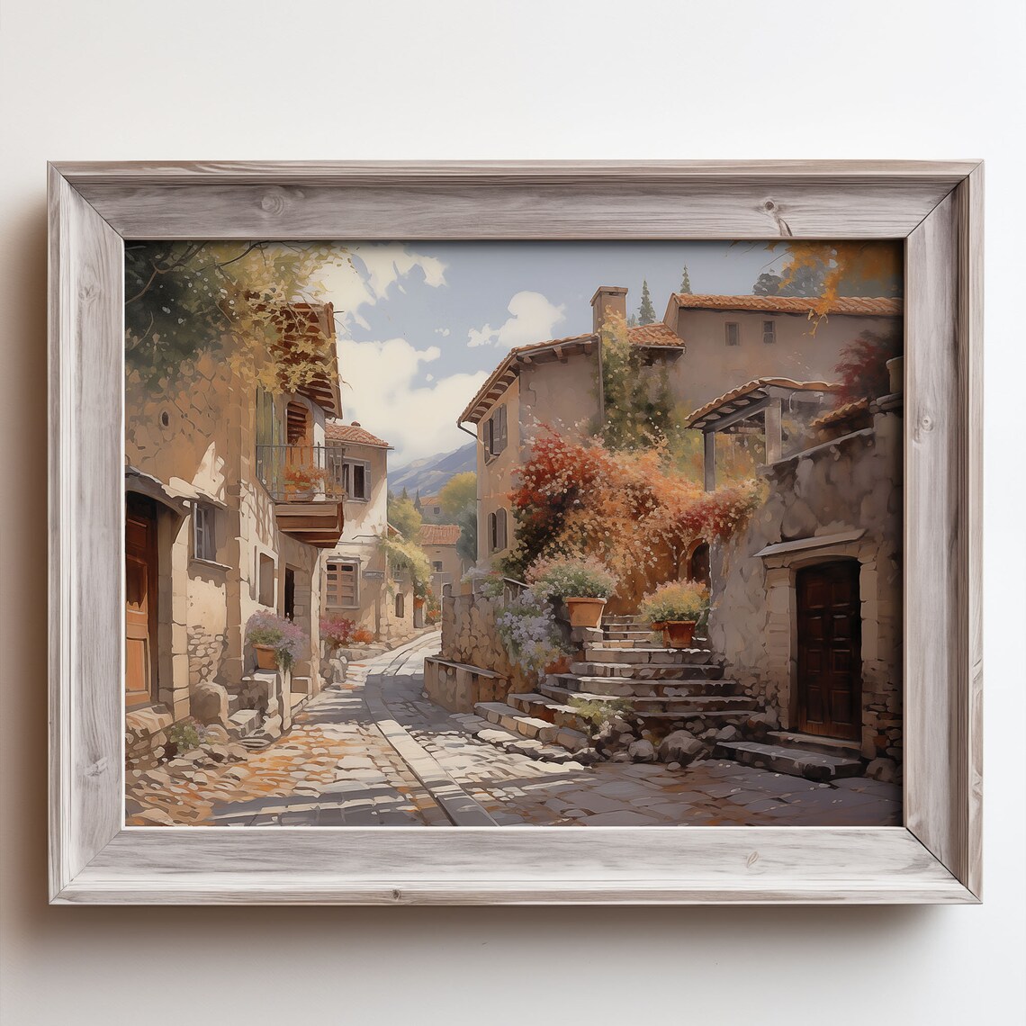 European Old Town Cobblestone Street Oil Painting Style Poster
