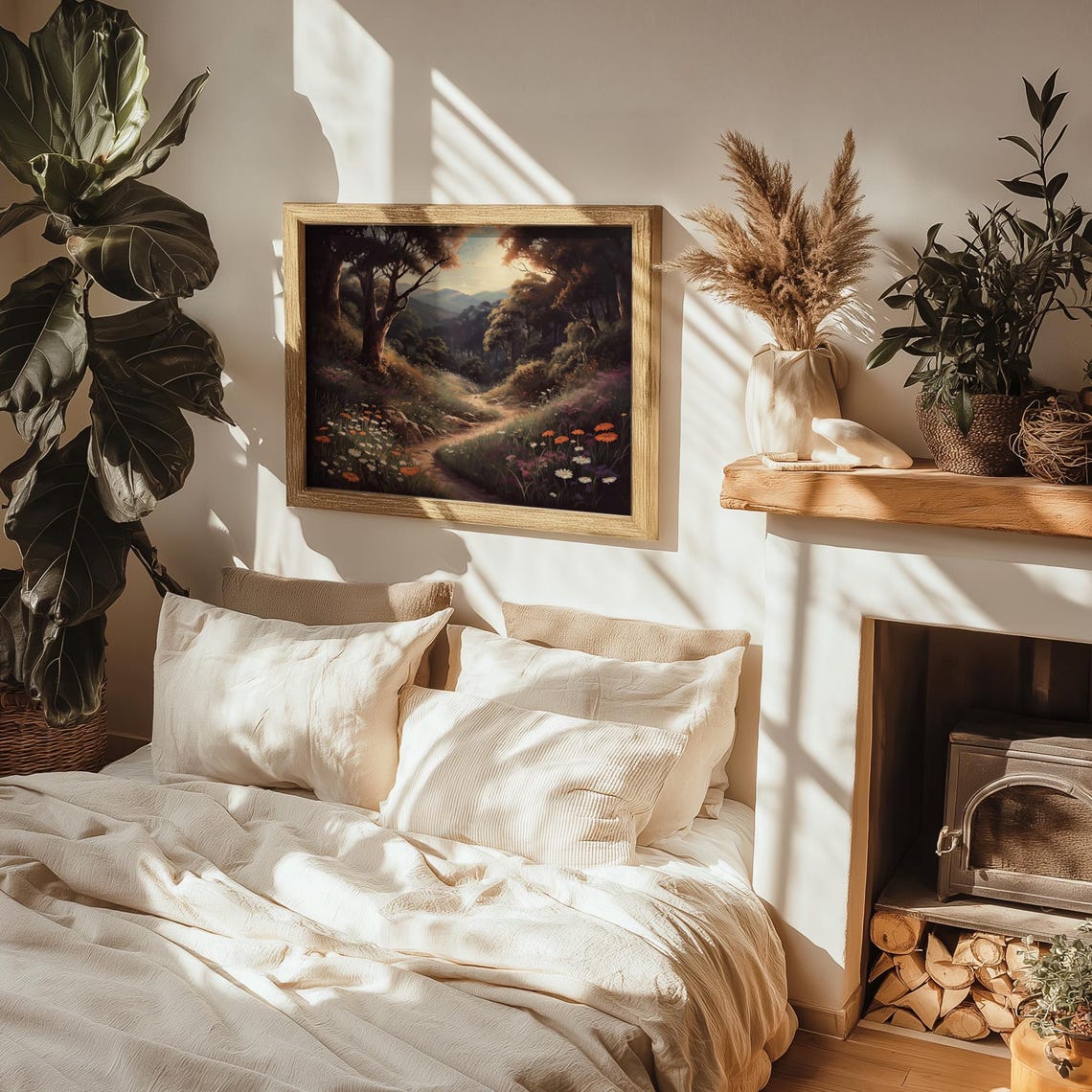 Twilight Forest Path With Daisies Under Dark Trees Vintage Wall Art - Image 2