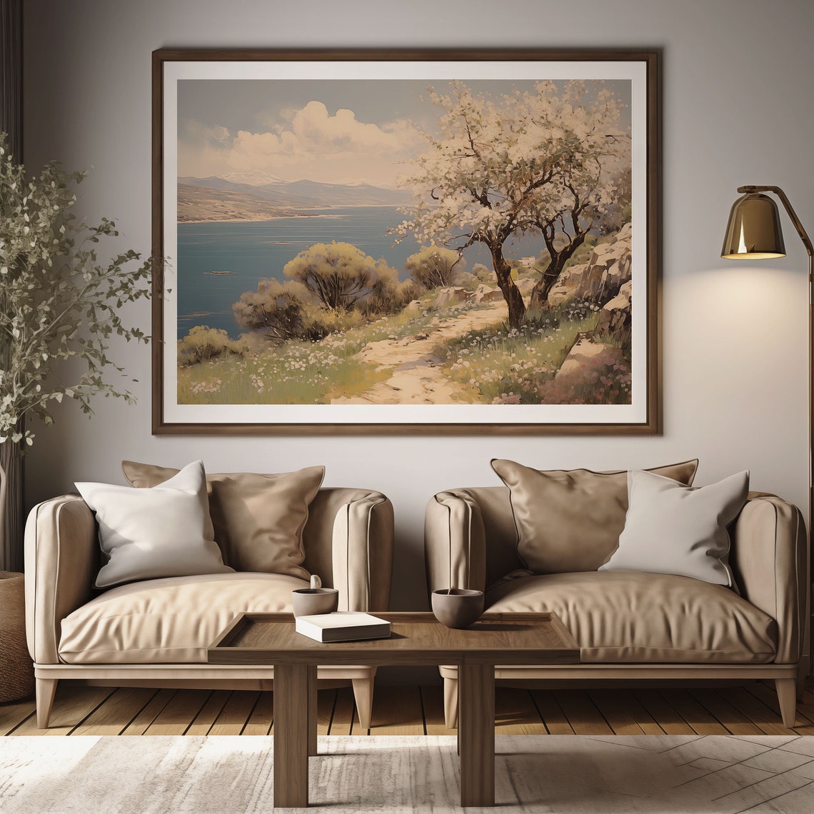 White Blossom Tree on Hillside Path Above the Bay Oil Painting Poster - Image 2