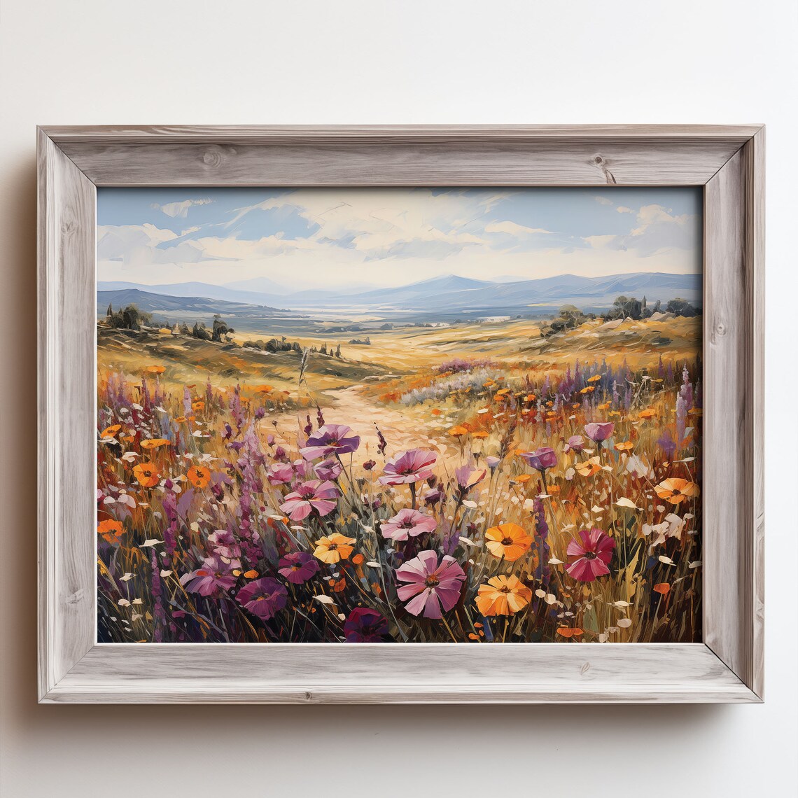 Beautiful Nature Wildflower Painting Landscape Brushstroke Antique Oil Painting Vintage Sunset Painting Springtime Print