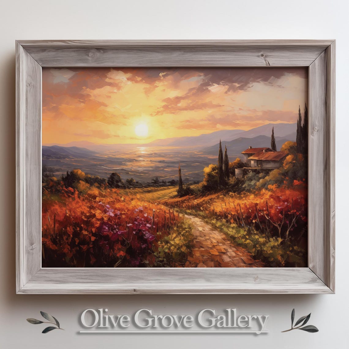 Tuscan Sunset Villa Cypress Hills Golden Hour Oil Painting Poster
