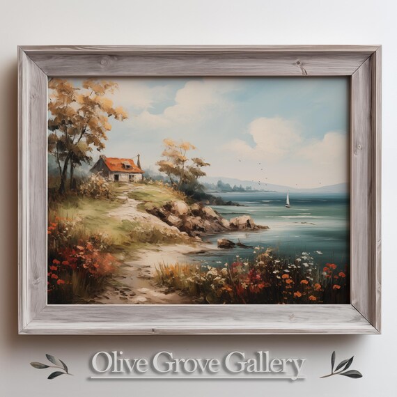 Coastal Cottage Sailboat Rocky Shore Seaside Village Art Poster