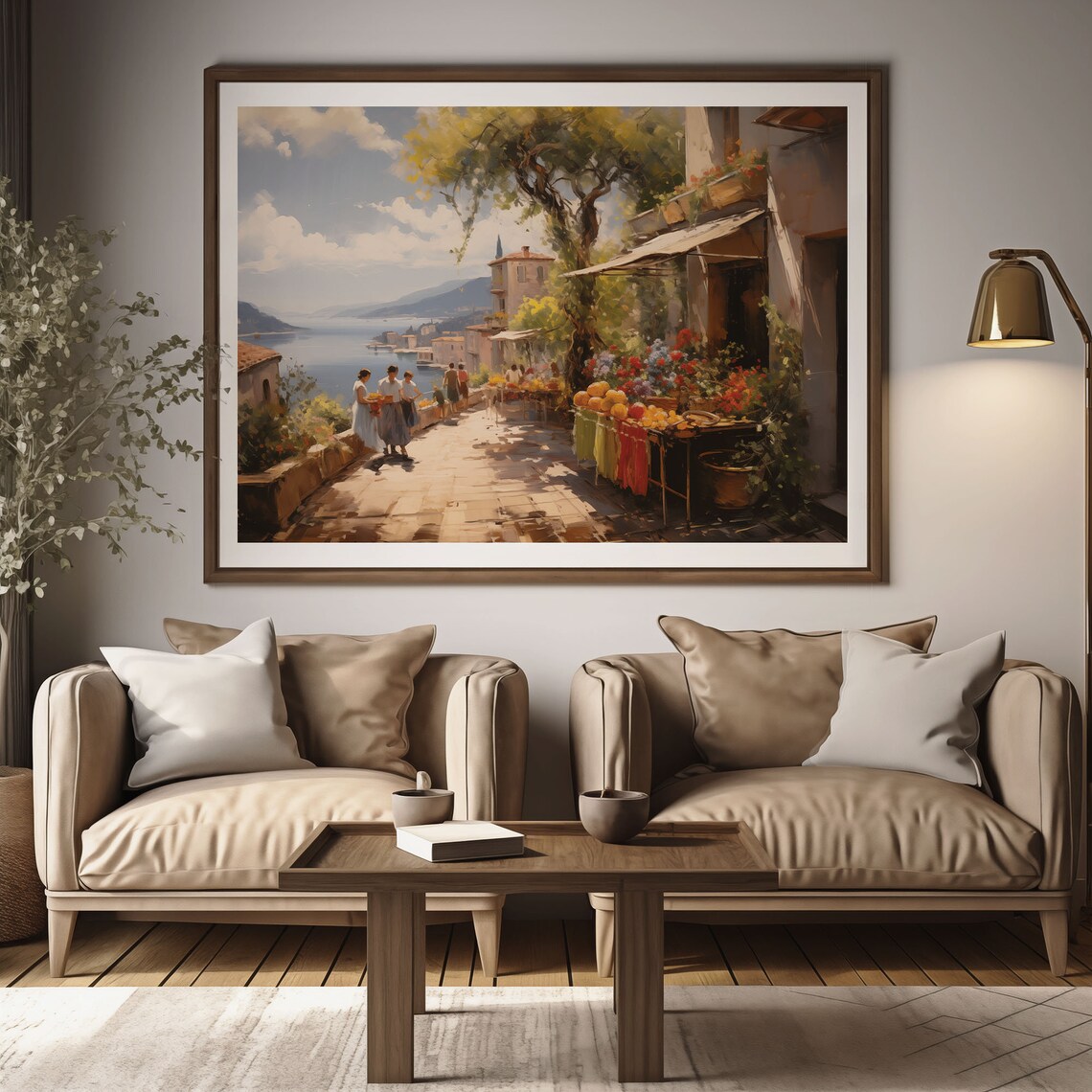 Italian Coastal Market Street People Fruit Stalls Sea Oil Painting Poster - Image 2