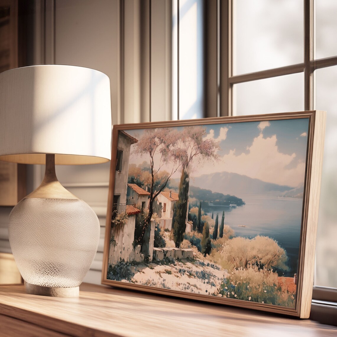 Cypress Trees on Hillside Houses Above Calm Sea Oil Painting Poster - Image 3