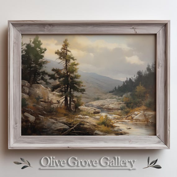 Mountain River Landscape Wall Art Serene Nature Scene Painting Tranquil Wilderness Decor Forested Valley Artwork Rustic Outdoor Decor