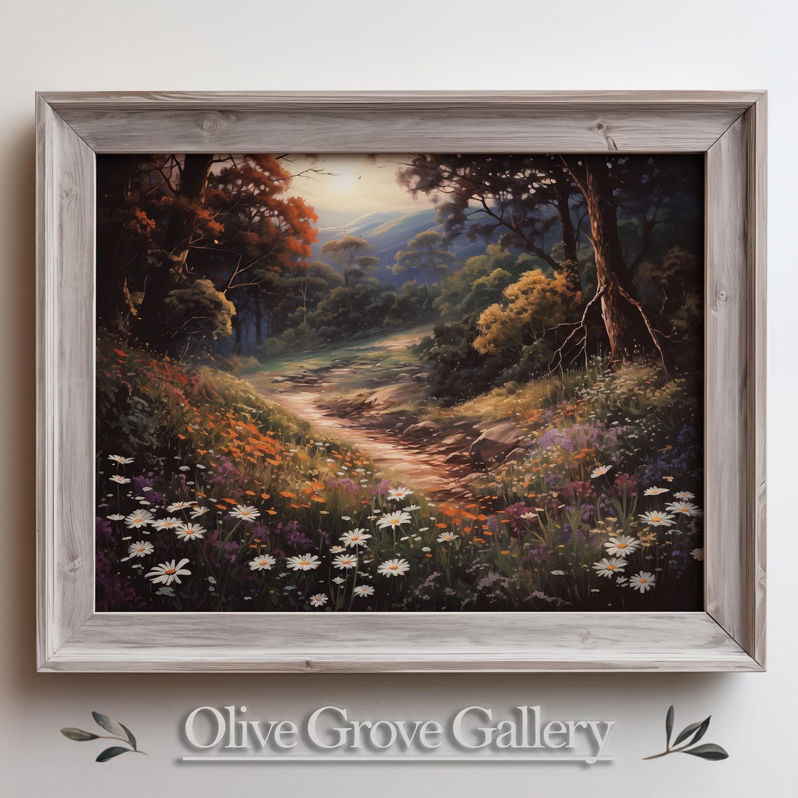 Daisy Filled Woodland Meadow Path At Sunset Vintage Landscape Poster