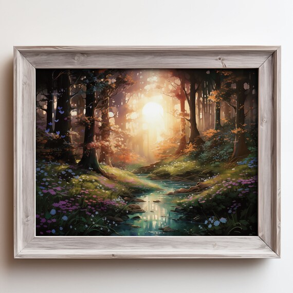 Sunlit Forest Stream Painting Glowing Woodland Water Nature Poster