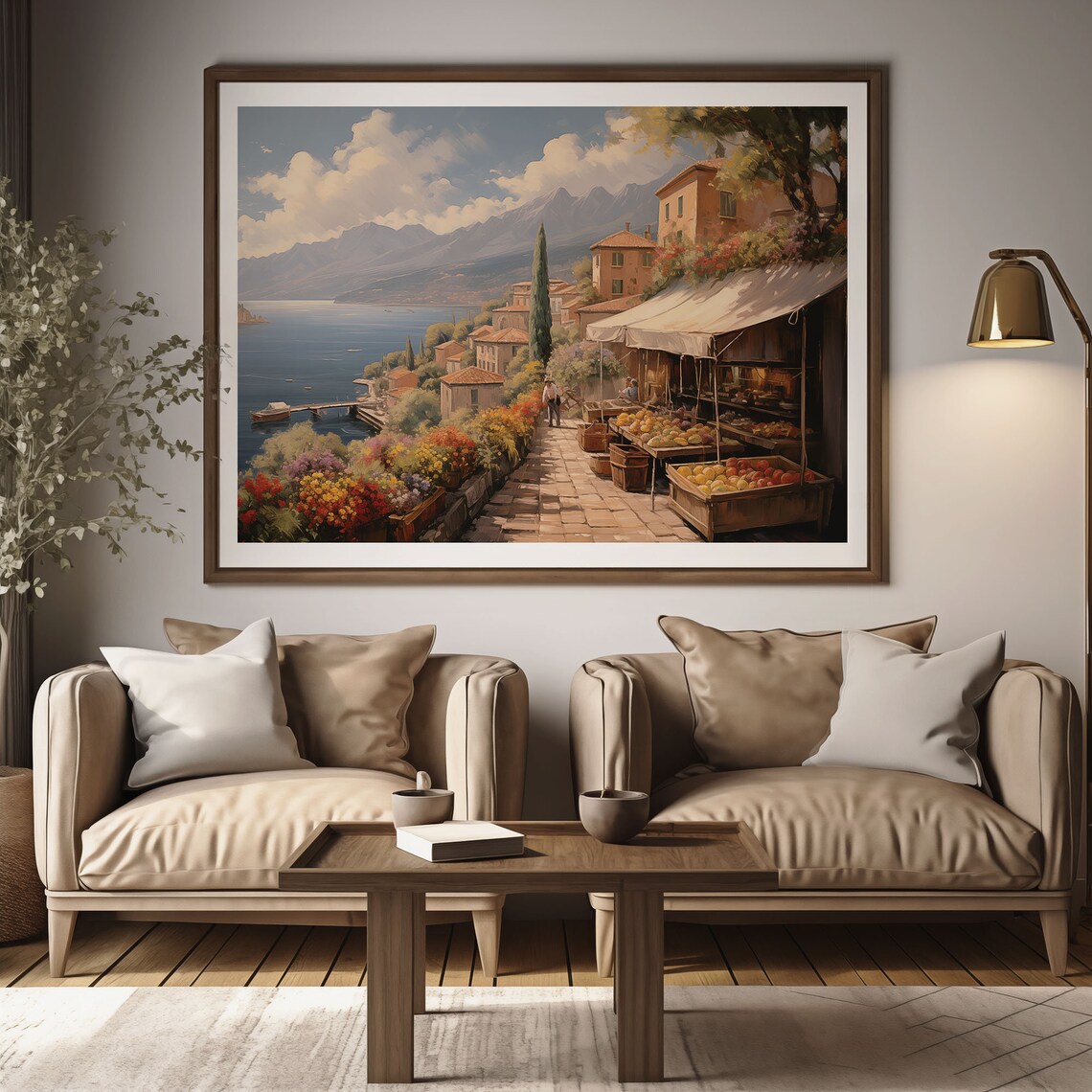 Lakeside Village Market Stalls and Boats Oil Painting Poster - Image 2