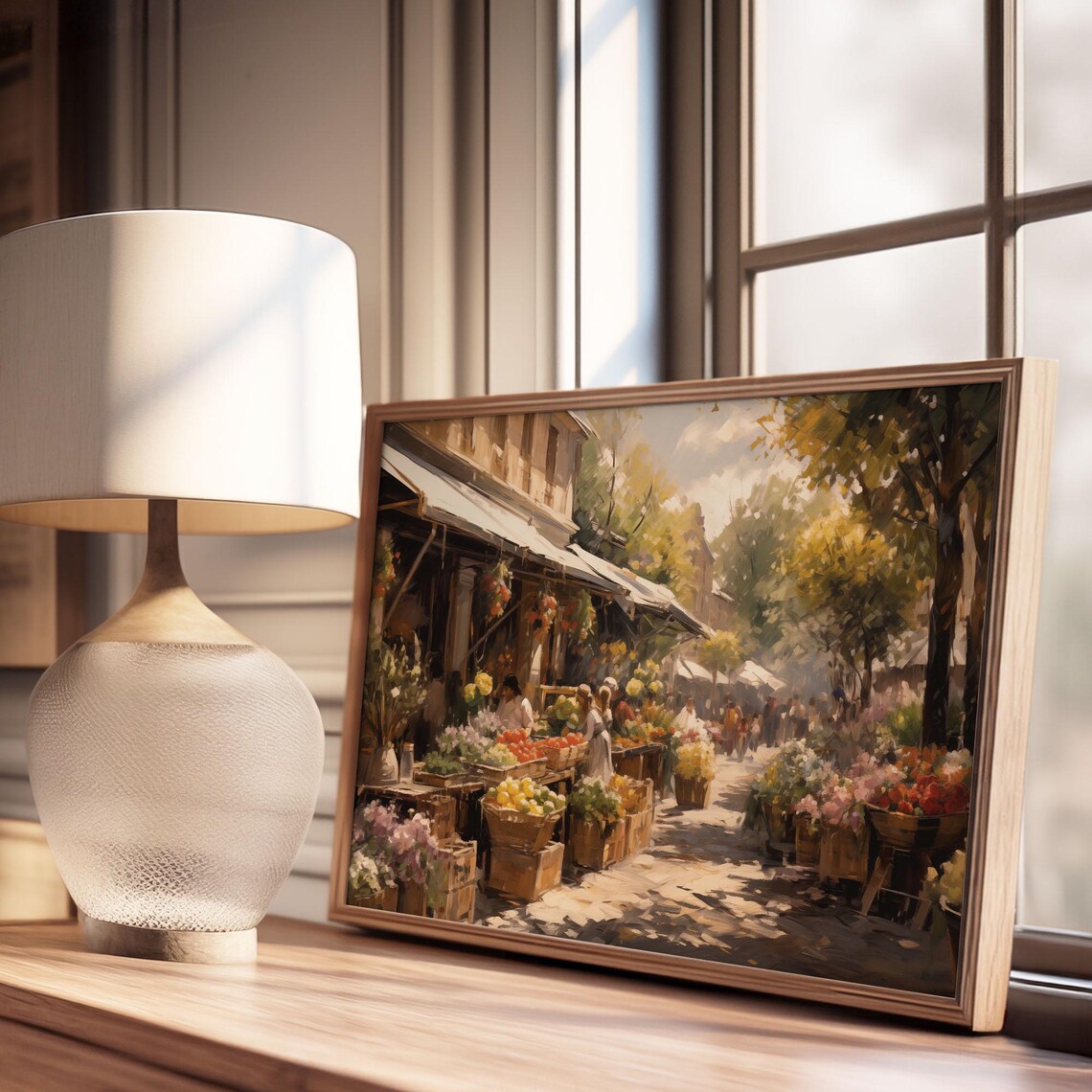 Outdoor Produce And Flower Market Baskets Shoppers Sunlit Poster - Image 2