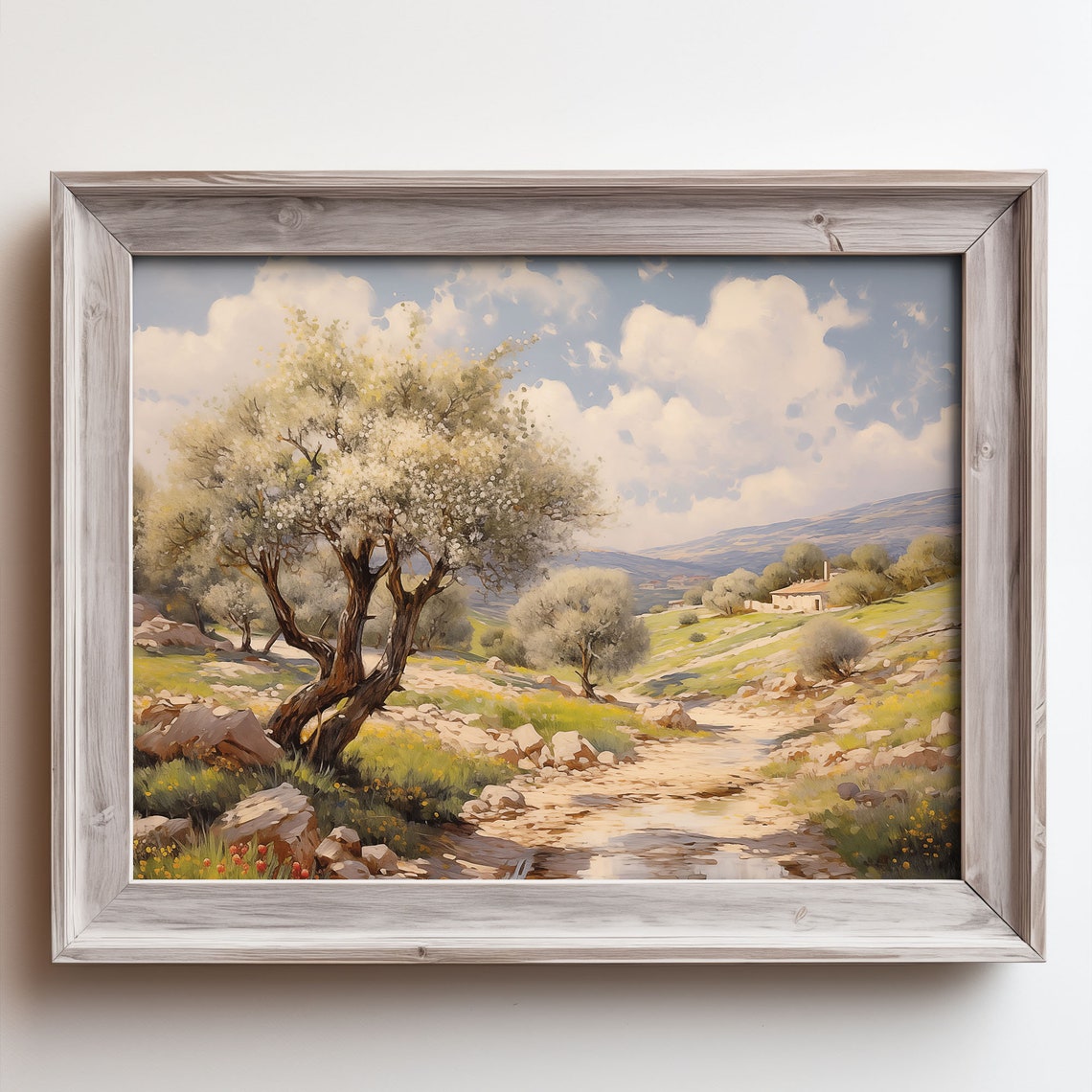 Blossoming Tree Spring Valley Dirt Path Farmhouse Oil Painting Poster