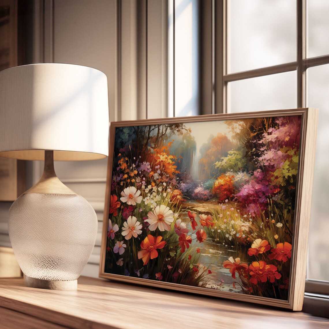 Flower Garden Stream Poppies Daisies Lush Bloom Oil Painting Poster - Image 3
