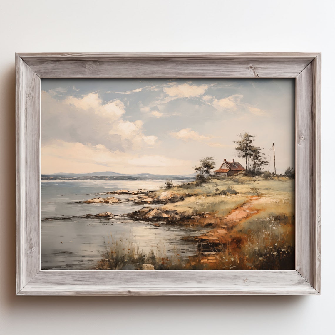 Coastal Cottage Rocky Shore Seascape Antique Oil Painting Poster