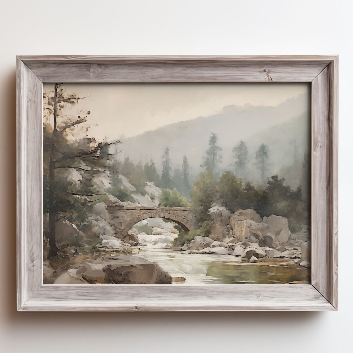 Misty Mountain River with Old Stone Bridge Oil Painting Poster