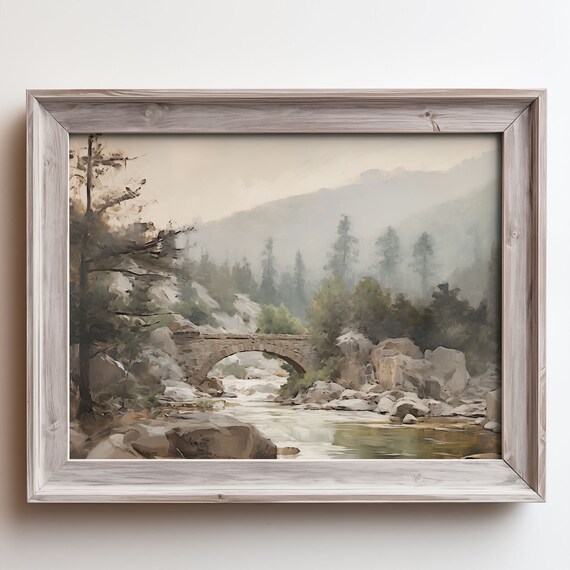 Misty Mountain River with Old Stone Bridge Oil Painting Poster
