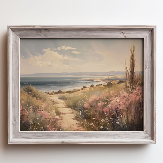 Coastal Wildflower Path to the Sea Vintage Oil Landscape Poster