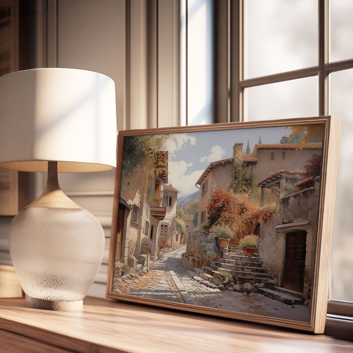 European Old Town Cobblestone Street Oil Painting Style Poster - Image 3