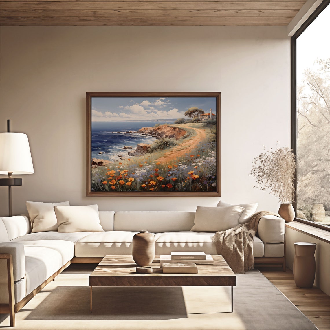 Coastal Cliff Path Orange Poppies Ocean View Vintage Painting Poster - Image 4