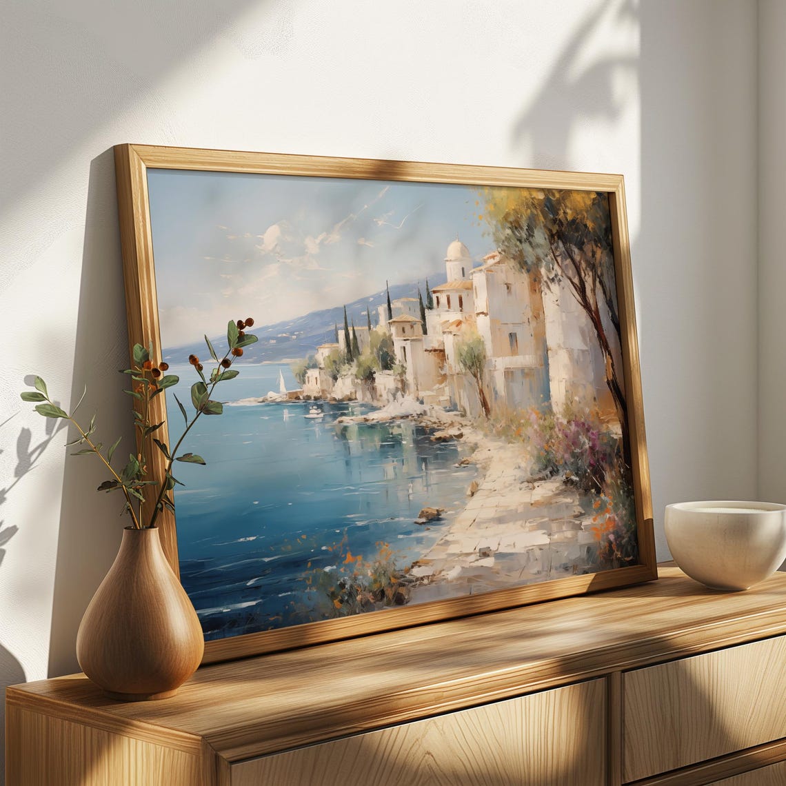 Whitewashed Coastal Village On Calm Blue Bay With Cypress Oil Poster - Image 4