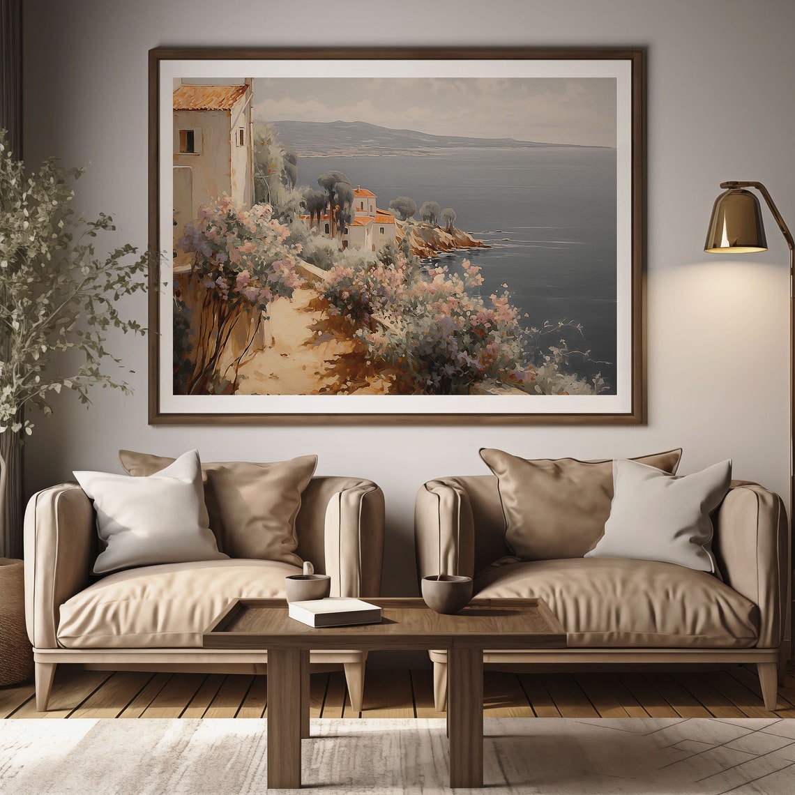 Mediterranean Coastal Village Painting Whitewash Sea View Poster - Image 3