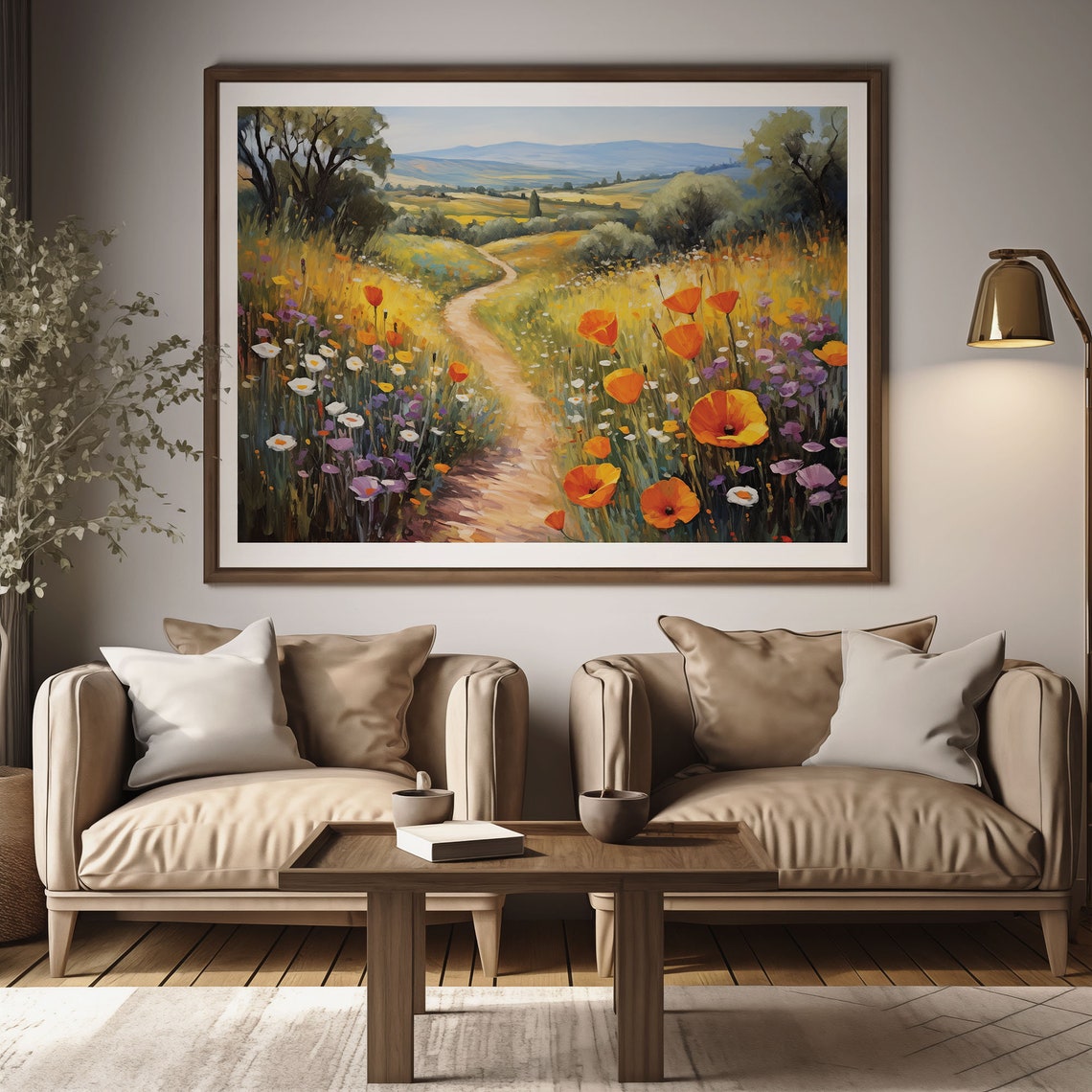 Orange Poppy Country Path Rolling Hills Vintage Oil Painting Poster - Image 2