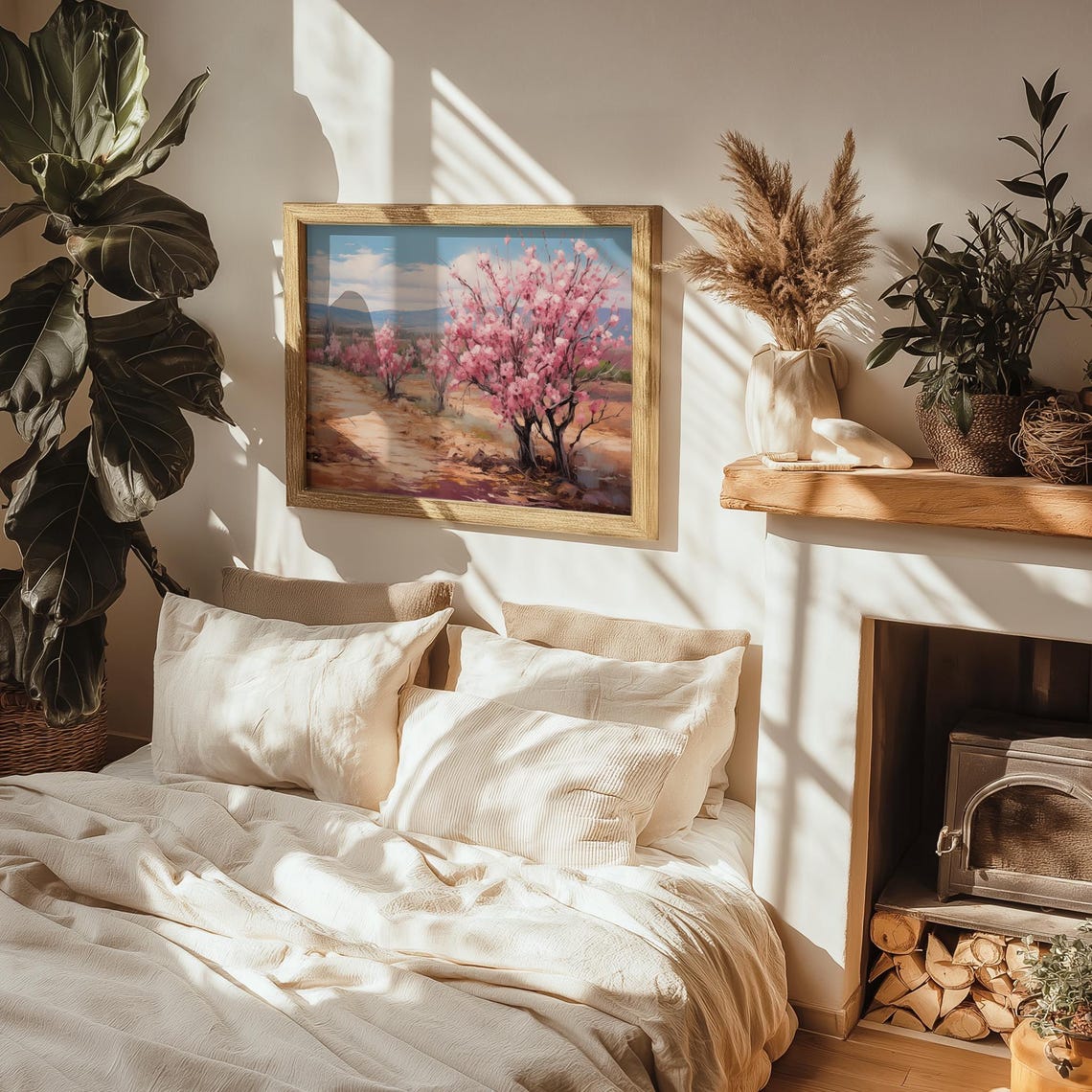 Pink Blossom Trees Sandy Road Painting Desert Spring Flowers Poster - Image 2