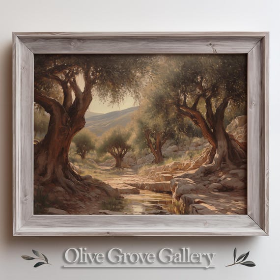 Peaceful Olive Grove By A Stream Serene Mediterranean Landscape Rustic Nature Wall Art Calm Countryside Decor Instant Painting