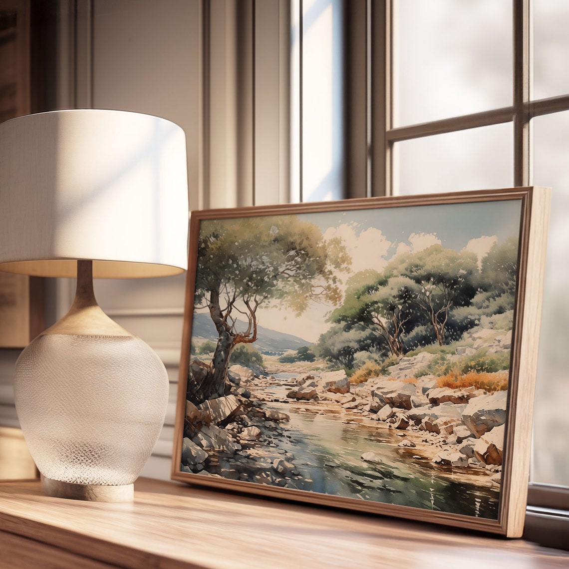 Rocky Mountain Stream in Sunlit Woodland Oil Painting Poster - Image 2
