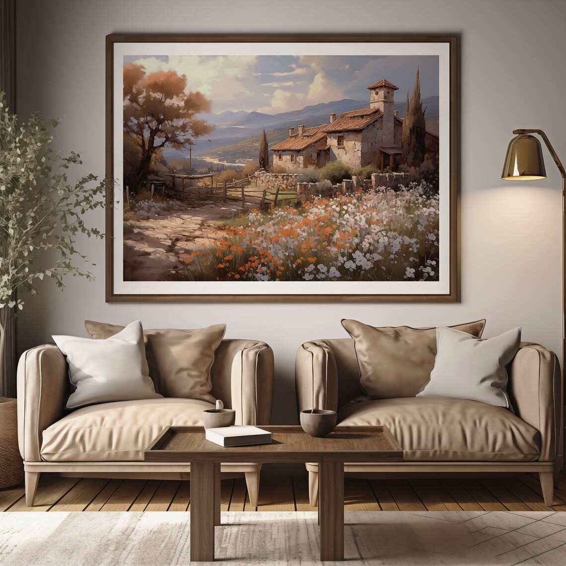 Stone Farmhouse Terracotta Roof Wildflower Field Mountains Oil Painting Poster - Image 2