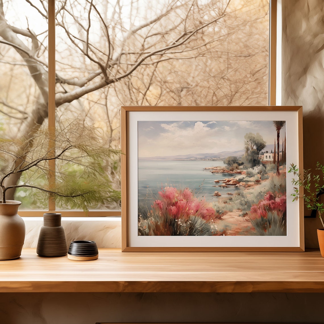 Tranquil Seaside Cove Pink Flowers Palm Rocky Shore Water Poster - Image 4