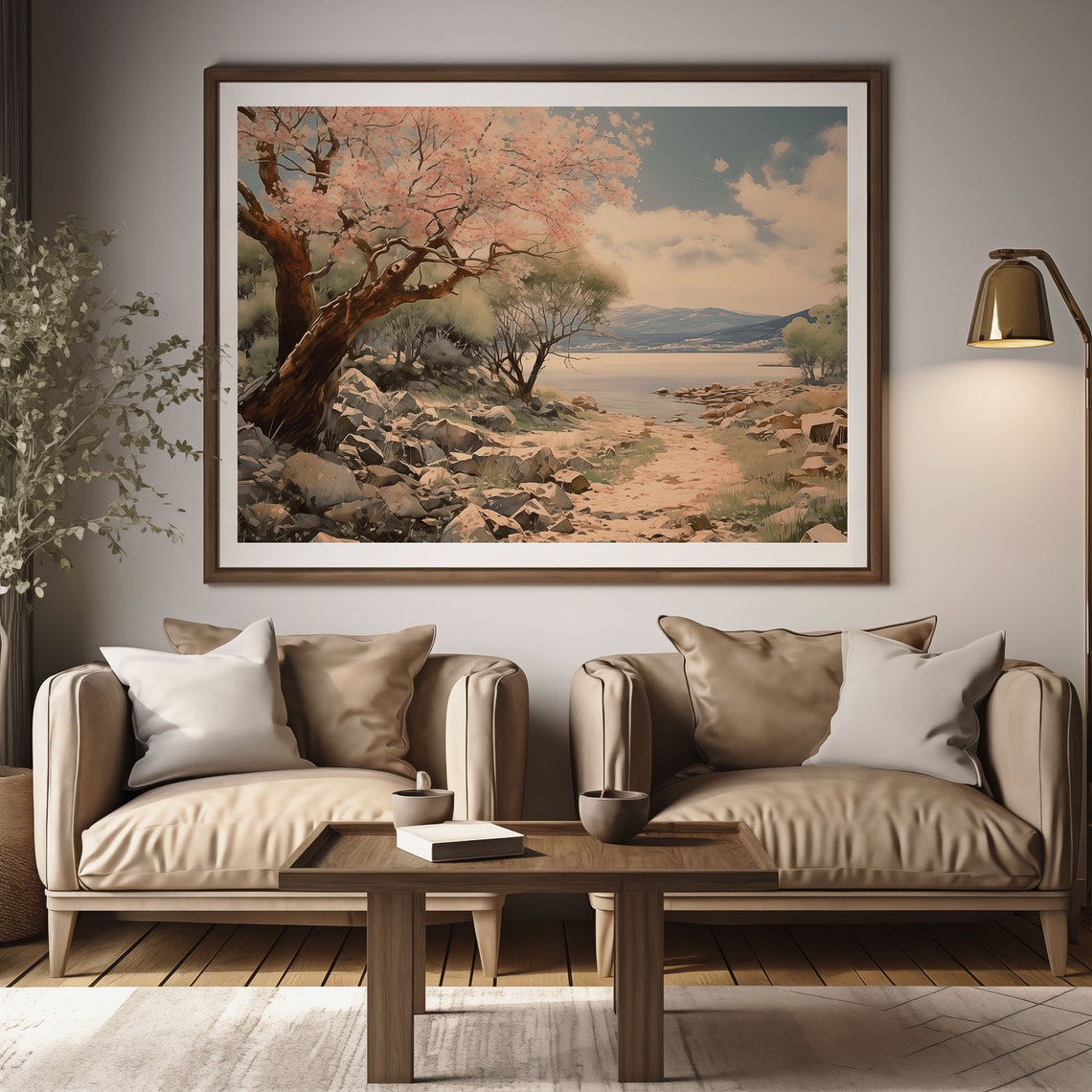 Springtime Pink Blossom Tree Rocky Beach Calm Bay Shore Scene Poster - Image 2