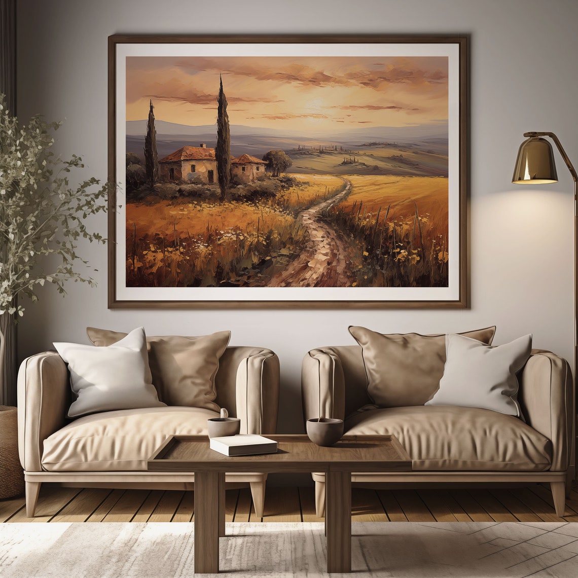 Tuscan Sunset Farmhouse Cypress Wheat Field Path Oil Painting Poster - Image 2