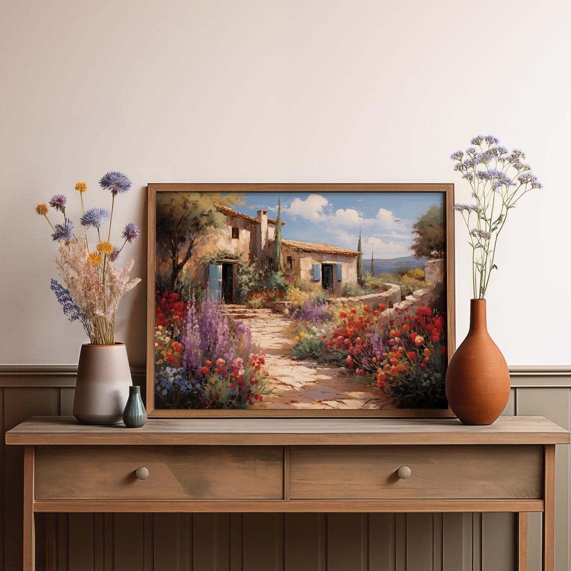 Rustic Stone Cottage Flower Path Blue Shutters Oil Painting Poster - Image 4