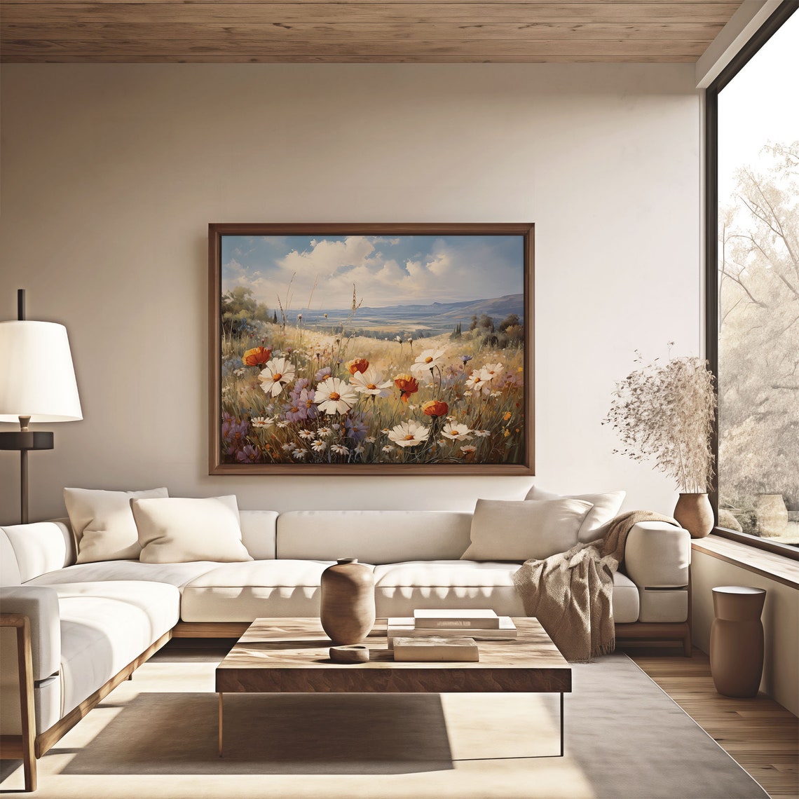 White Daisy Orange Poppy Wildflower Meadow Hills Oil Painting Poster - Image 4