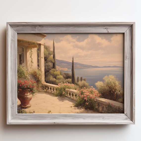 Italian Villa Terrace Overlooking the Sea Oil Painting Poster