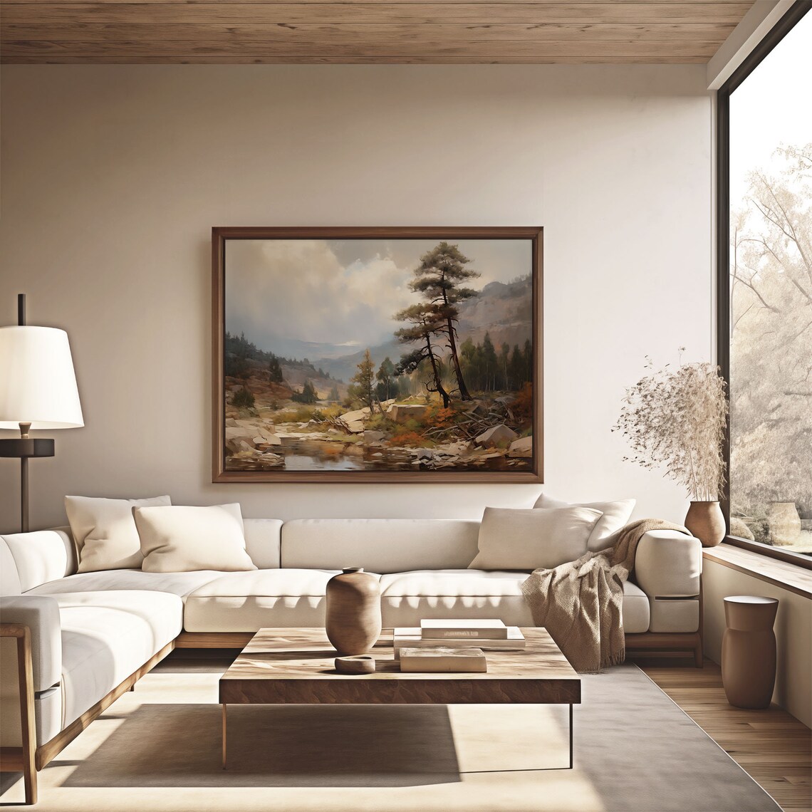 Mountain Pine Forest Stream Painting Misty Peak Nature Landscape Poster - Image 3