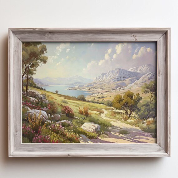 Hillside Wildflower Lake Painting Rocky Mountain Blue Shore Poster