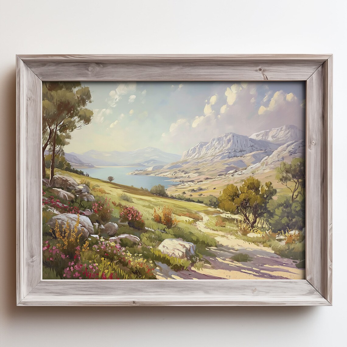 Hillside Wildflower Lake Painting Rocky Mountain Blue Shore Poster