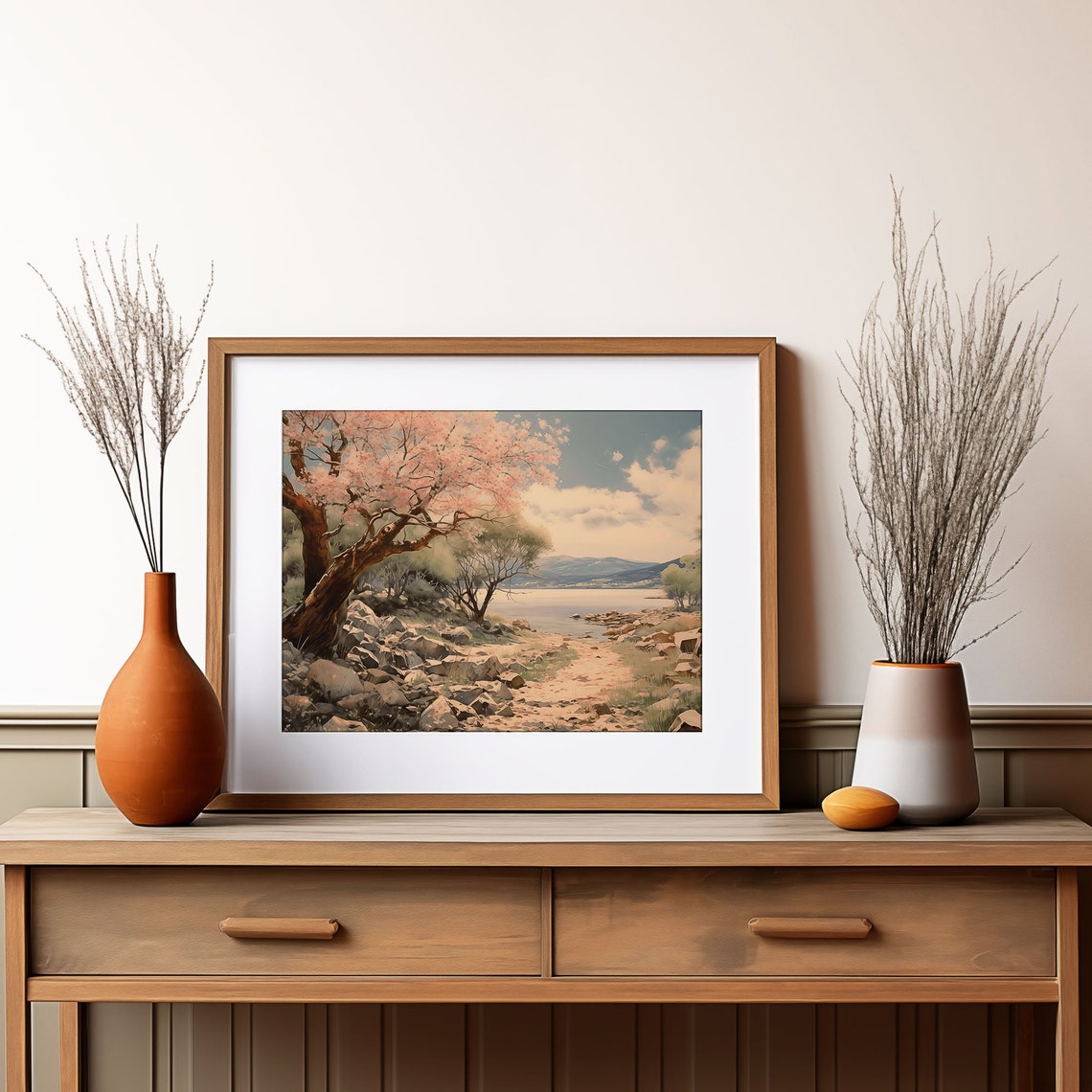 Springtime Pink Blossom Tree Rocky Beach Calm Bay Shore Scene Poster - Image 4